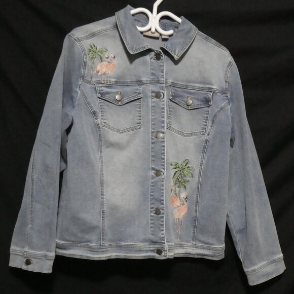 CHICO'S | size 3 | Button-Up Front Blue Denim Jacket | Flamingo Front and Back - Picture 1 of 16